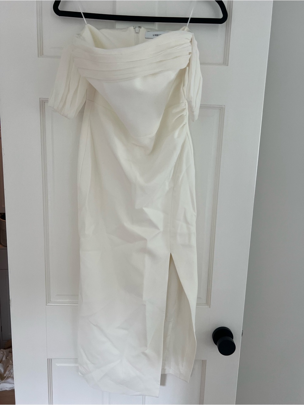Likely Off-Shoulder Cream Midi Dress with Front Slit